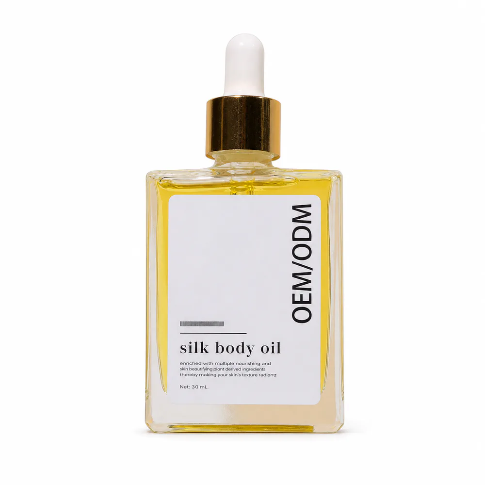 Silk Body Oil private label body lotion product packaging on a white background