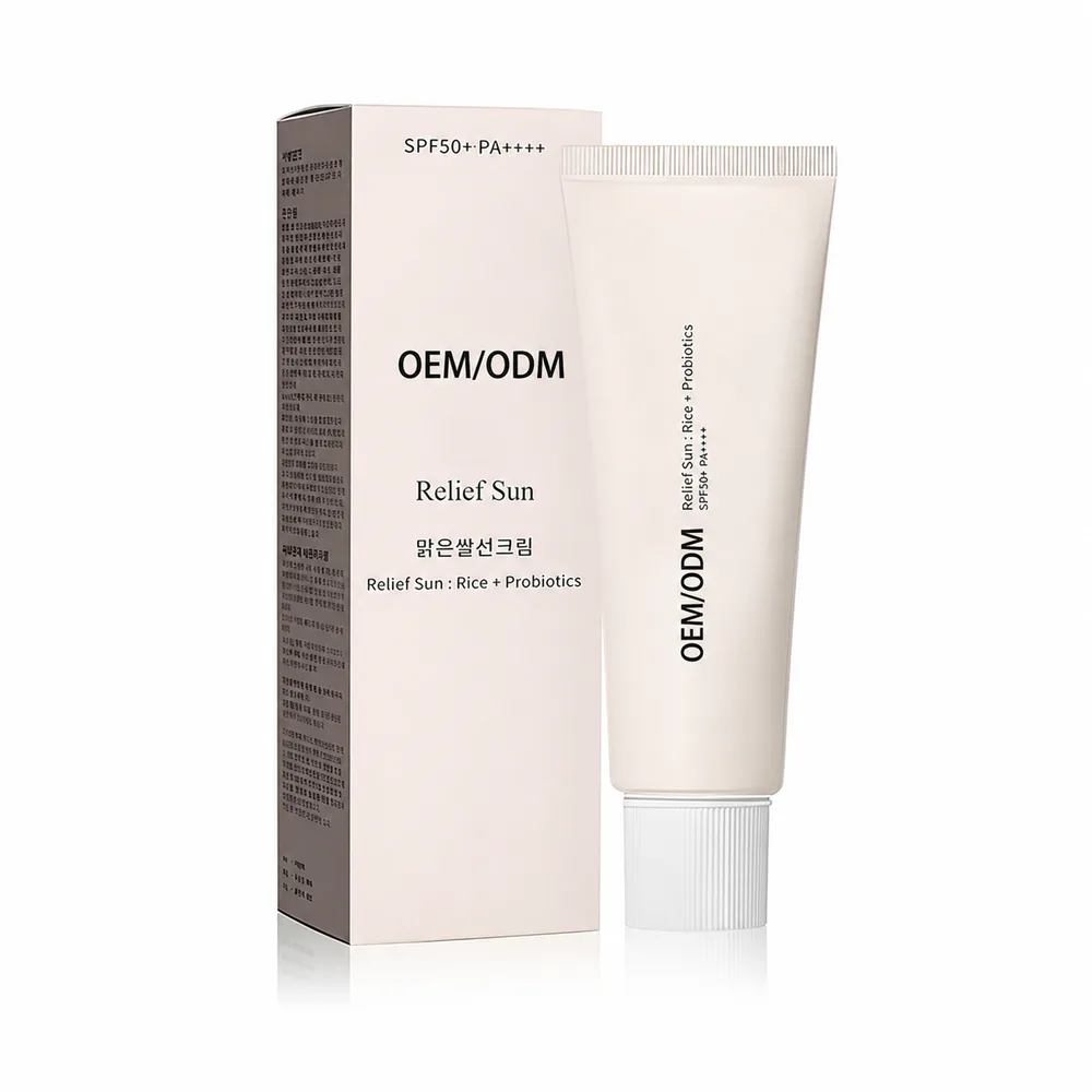 Relief Sun Face Sunscreen private label face cream product packaging on a white background